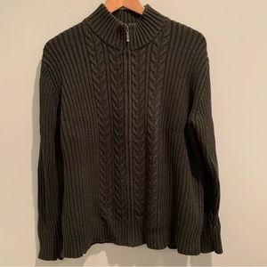 Lands’ End Green Chunky Cable Knit Zip Up Mock Neck Sweater L 14-16 Regular